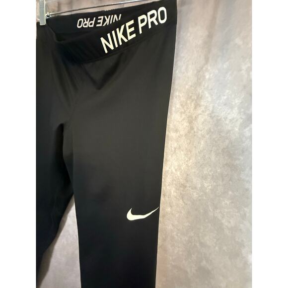 Nike Pro Dri-FIT Black Workout Gym Leggings Women’s Large white check logo - Picture 2 of 9